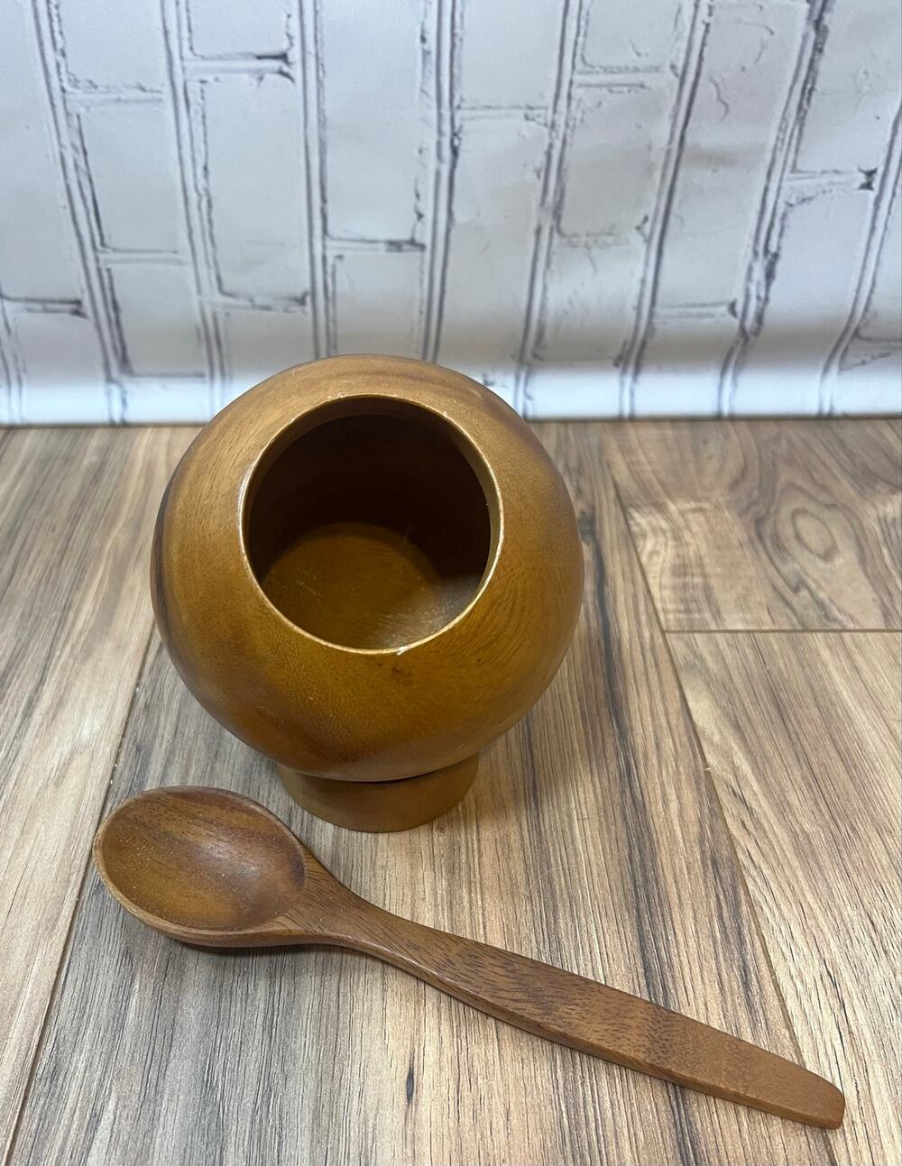Vintage Handmade Philippines Wood Salt Cellar Pig w Spoon Globe Sphere